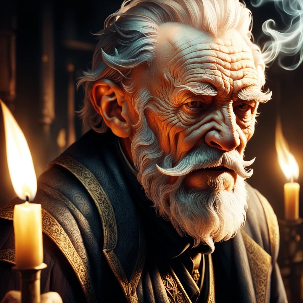 In a detailed classic lab setting, a close-up old man with a scar face and a pointed spike whimsical cotton-shaped beard.