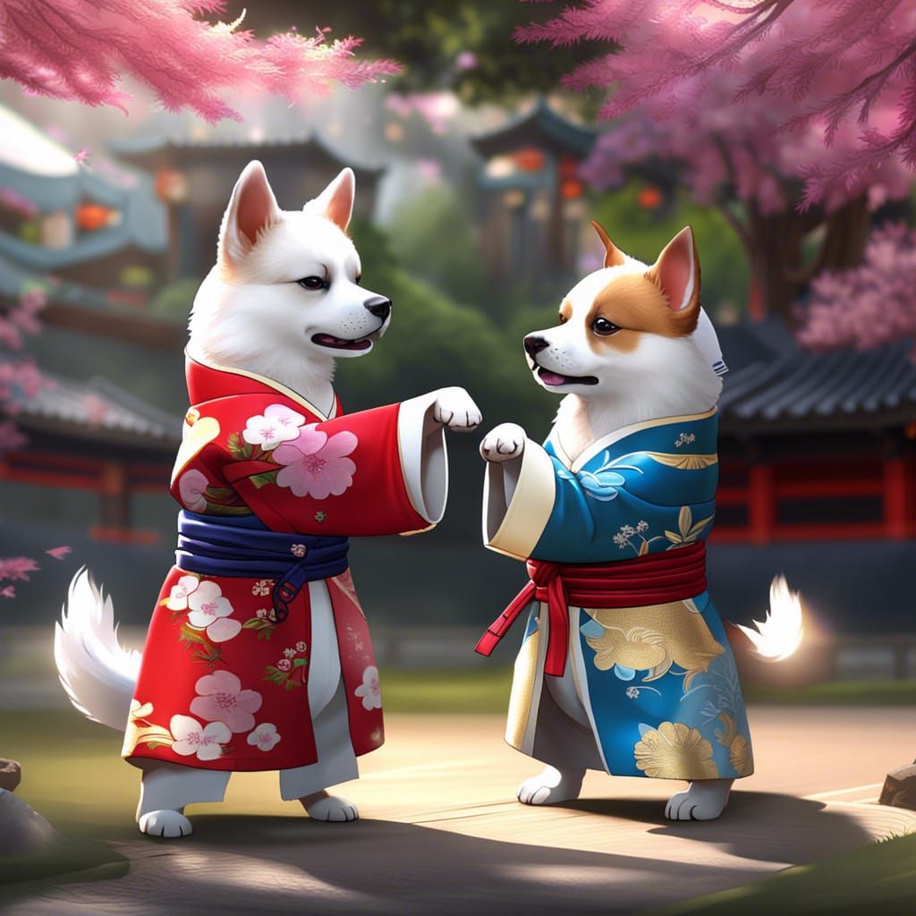 Cute dogs dressed in karaté kimono have a karate fight / 