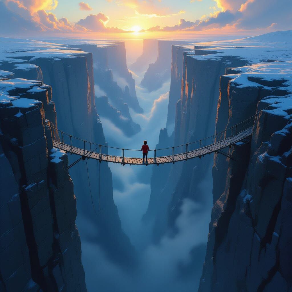 Child on Rope Bridge Over Chasm, Fantasy Art