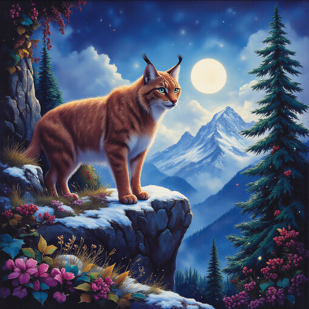 Eurasian Lynx standing on rocky cliff Swiss Alps