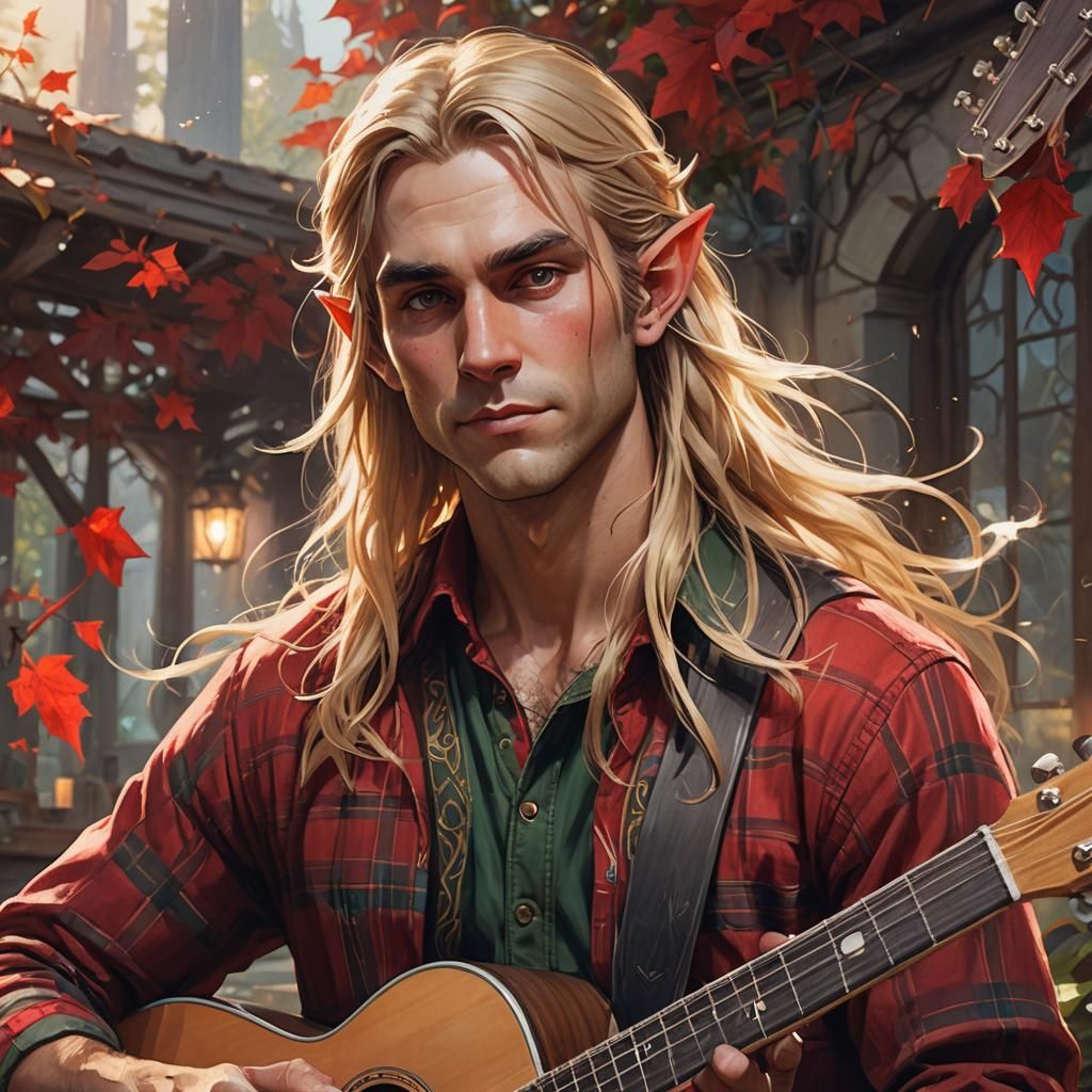 Male elf with long blonde hair wearing red flannel shirt wit...