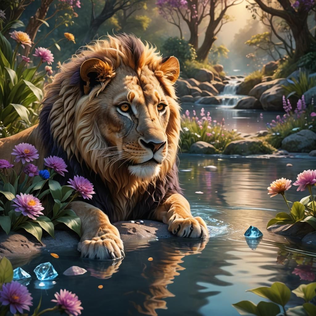 Lion Drinking from River in Fantasy Illustration