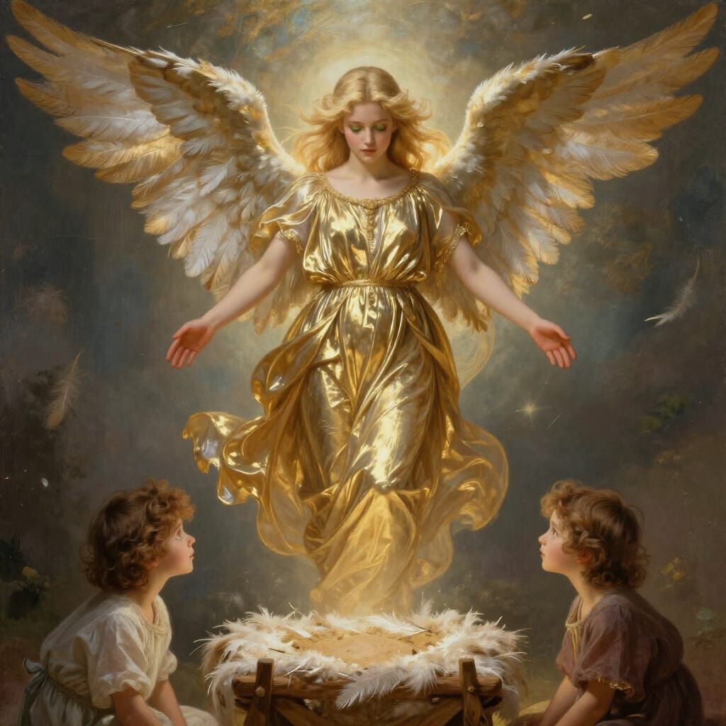 A blonde haired green eyed angel dressed in a gold metallic gossamer gown with matching, wings inclue ...  by @Mary2632