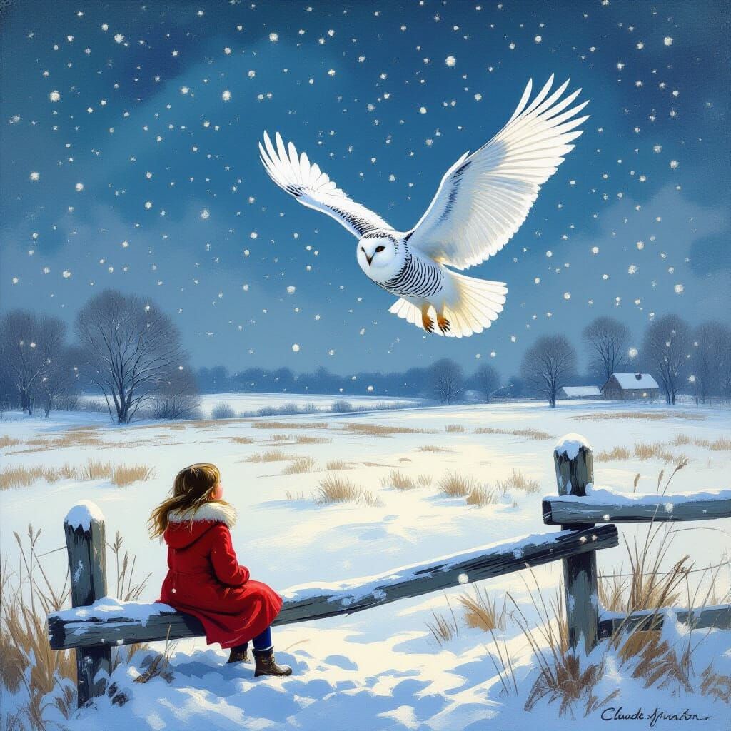 Snow covered field, snowy owl flies down to catch prey, the prey is not included in the image, light ...  by @Stories and Scribbles 