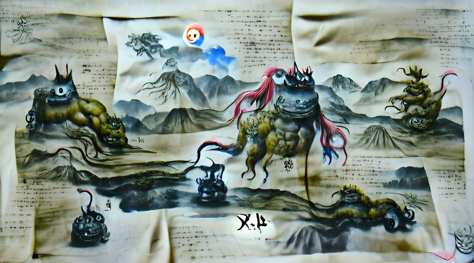 exquisite alchemical monster in its landscape chinese ink pa...