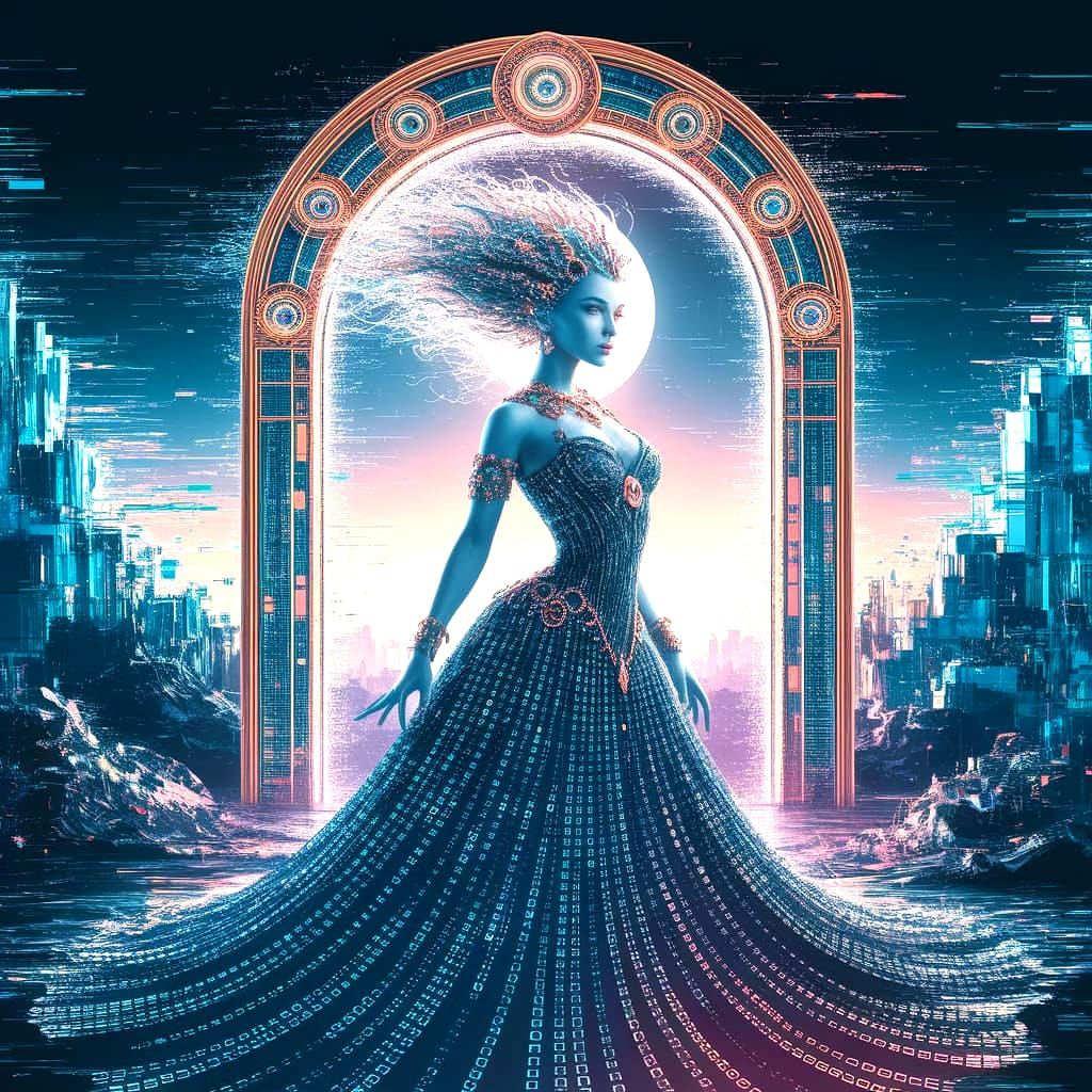A digital enchantress with a flowing gown of binary code stands before a shimmering portal, their eyes radiating an otherworldly glow. The b...