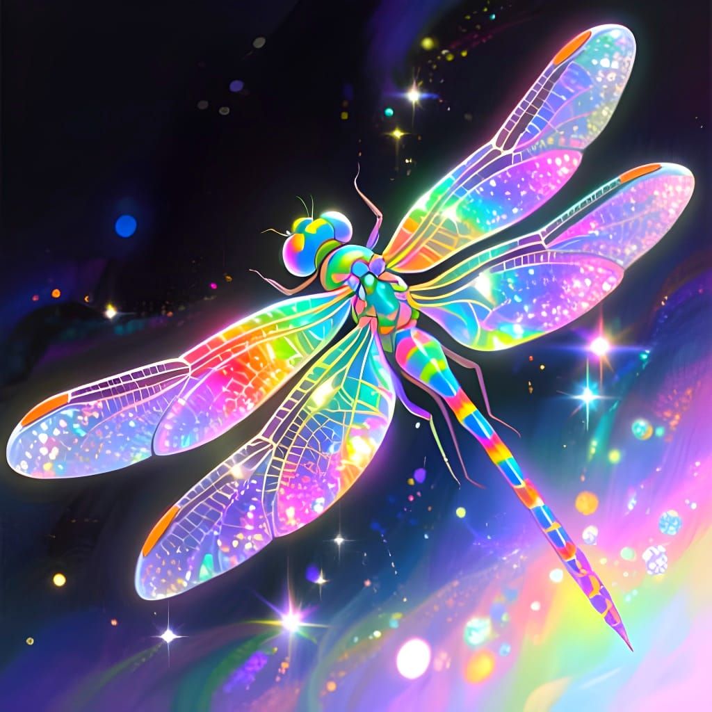 Whimsical rainbow colored fantasy painting of a dragonfly with cosmic backdrop with shimmering stars and iridescent cosmic nebulae. magical ...