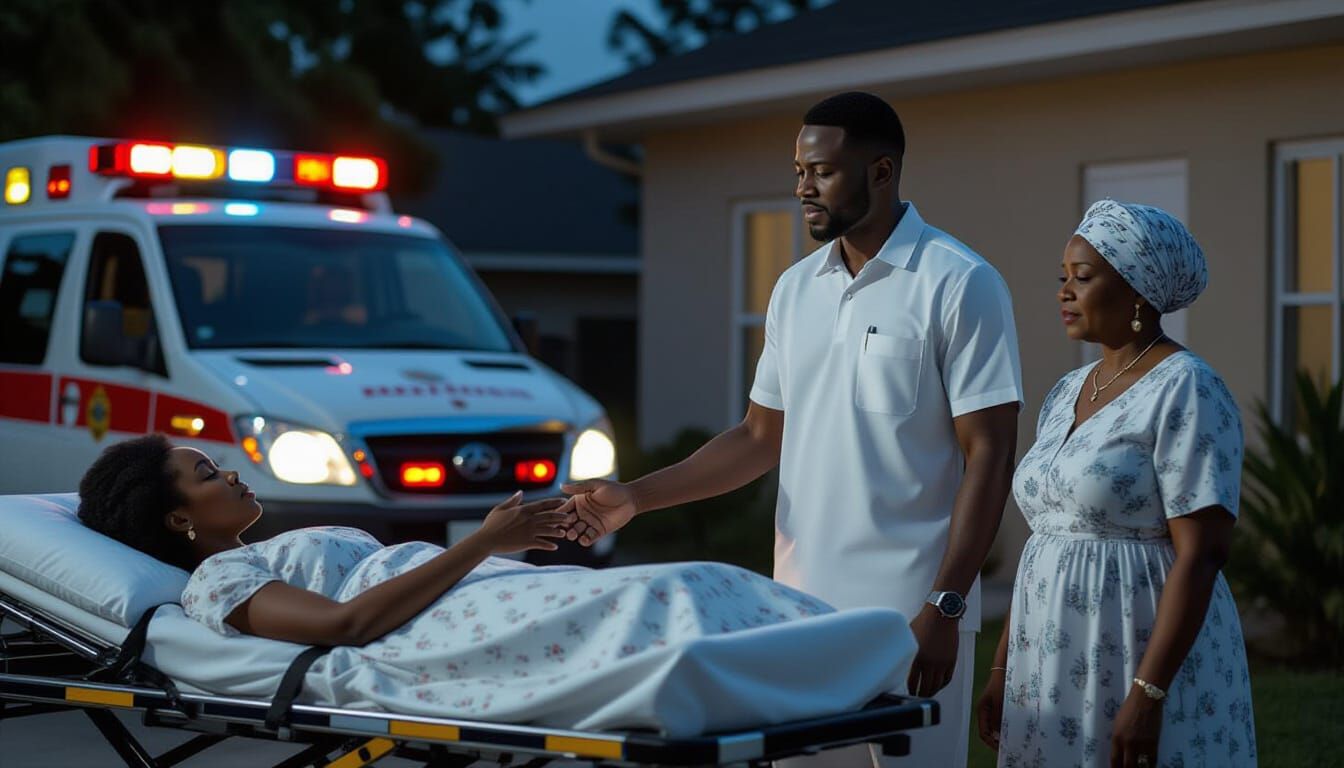 Prompt:
“Night scene outside a house with an ambulance waiting. Chinenye, on a stretcher in a white dress with tiny flowers, reaching her ha...
