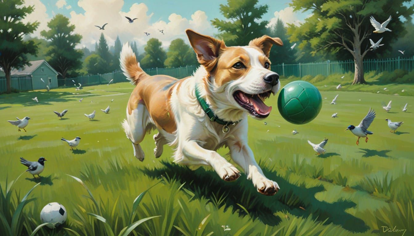 Dadaism style anti-art-work irrational placement illogical. Artwork showing a dog running after a bright green football, through a lush gree...