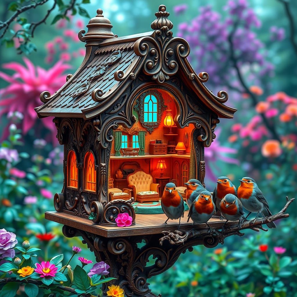A magnificent, intricately designed birdhouse standing tall in a lush garden, shown with a detailed cutaway ...  by @a finding