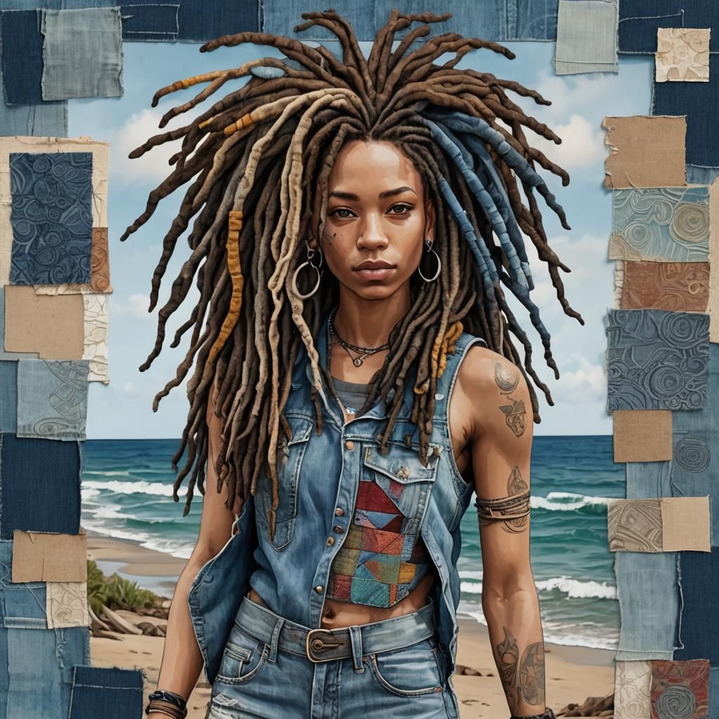 Mixed media art depicting a beautiful girl with dreadlocks m...