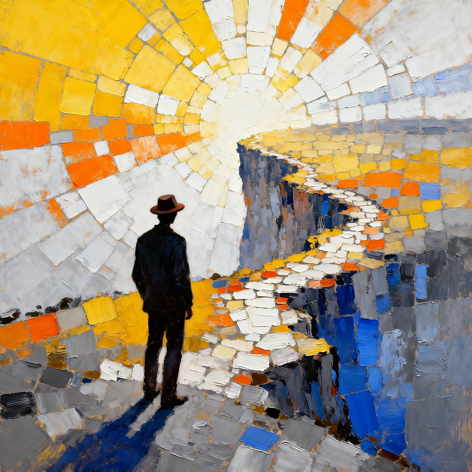 Abstract Figure Traversing a Vibrant, Fragmented Landscape