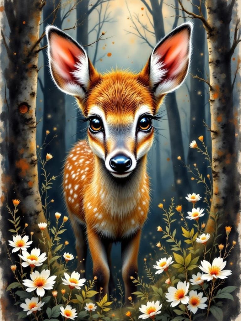 <lora:HRH-pawtraits:1.0> Aged black canvas, a beautiful fluffy, long haired fawn in a spring forest, loose detailed strokes to add detail an...
