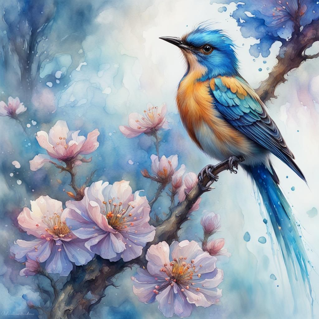 Bluebird and cherry blossoms - AI Generated Artwork - NightCafe Creator