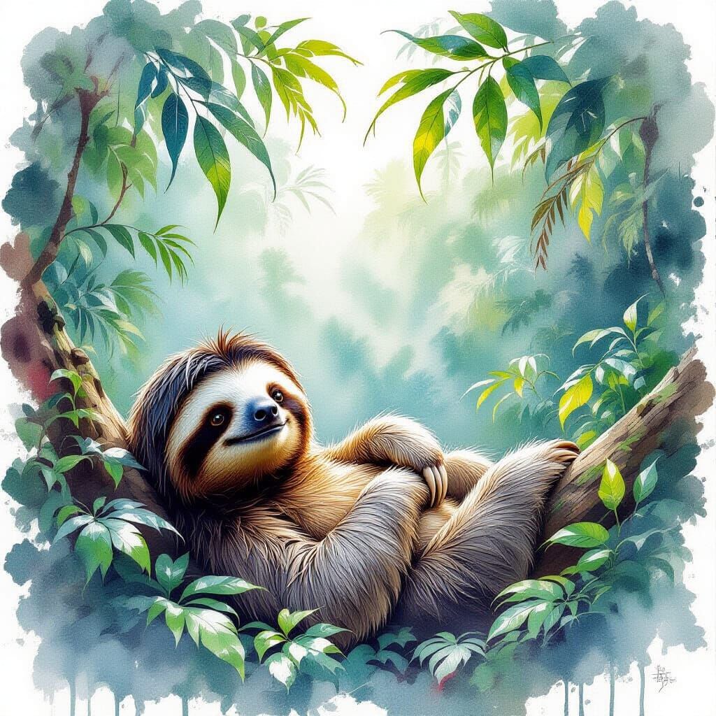 sloth lounging beneath rainforest leaves  by @Kosh