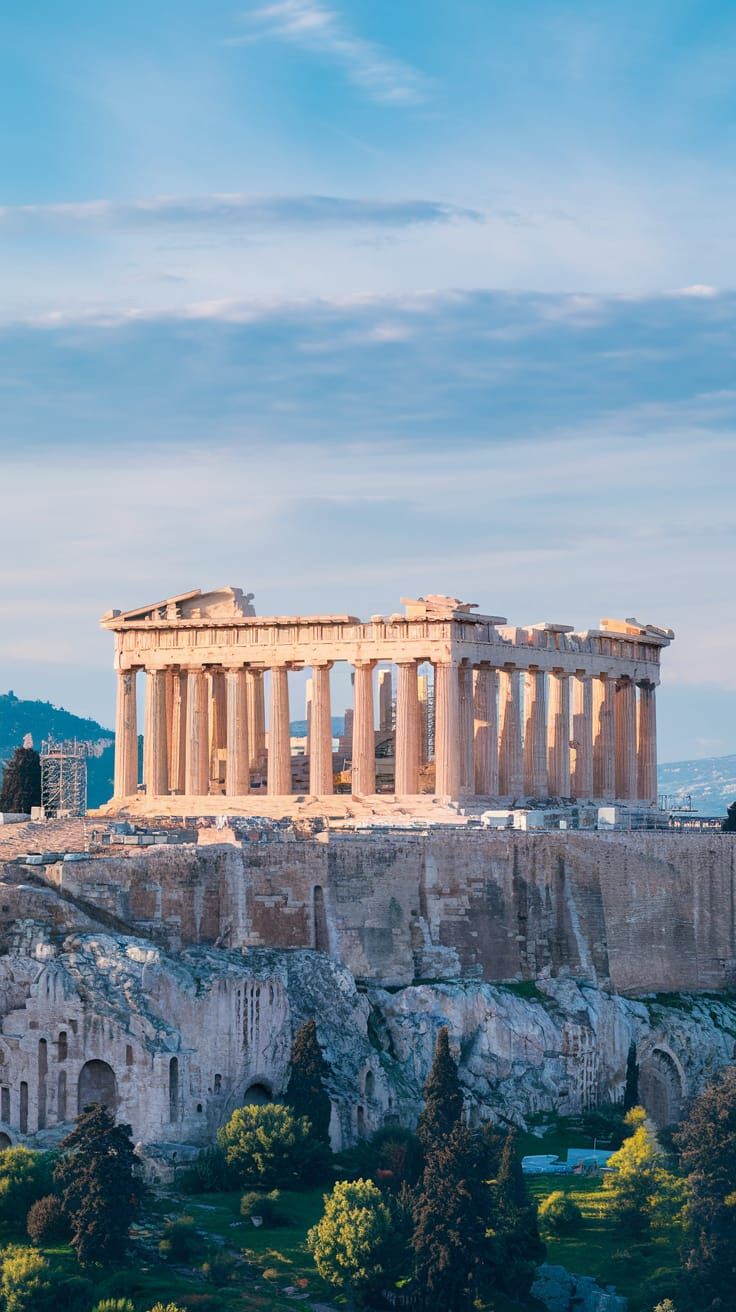 Realistic Long shot view in the distance of entire PARTHENON...