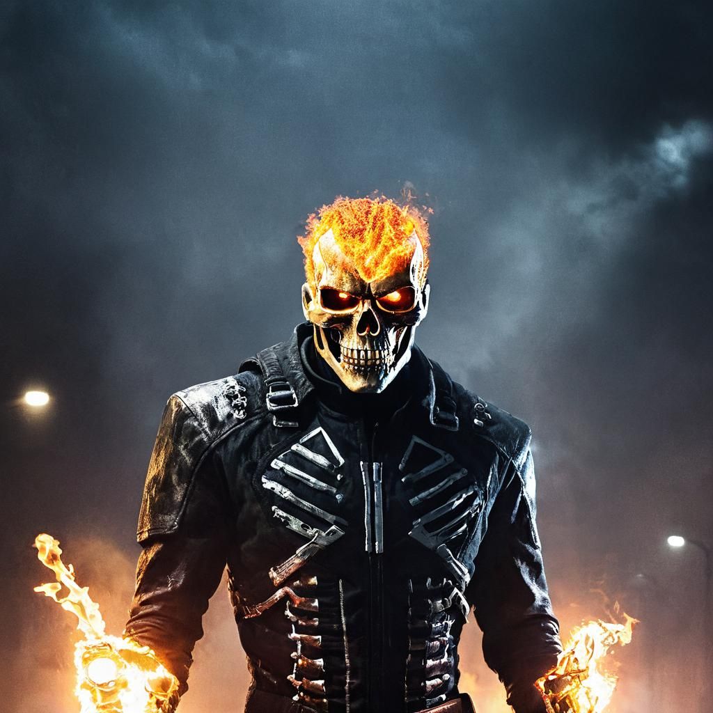 Terminator style, ghost rider cloths, epic world Cinematic f...