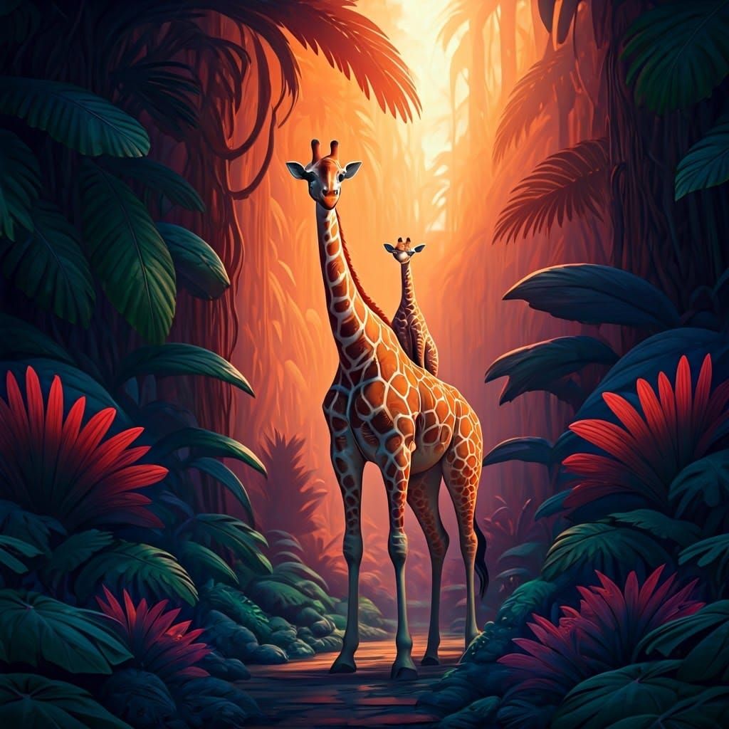 Giraffe Mother and Calf in Whimsical Landscape