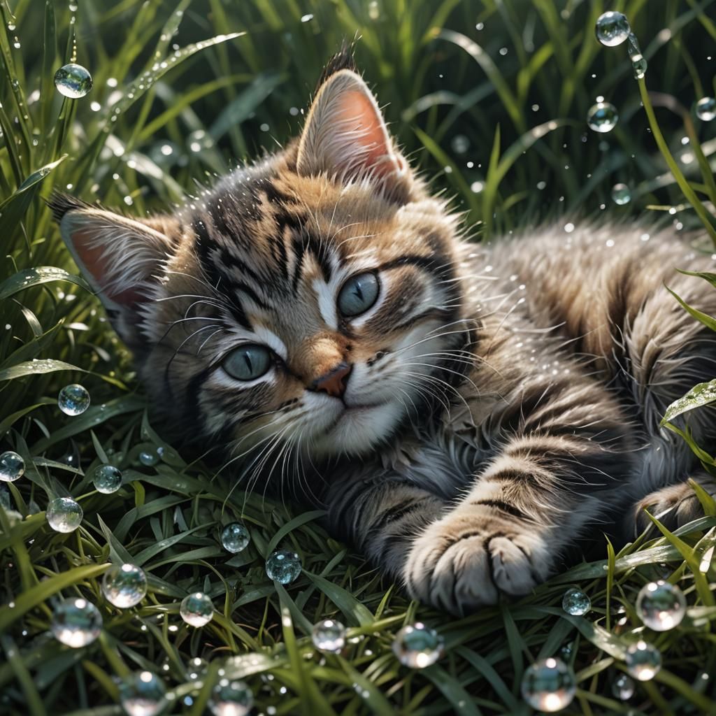 Macro picture of a kitten sitting in the grass with dew drop...