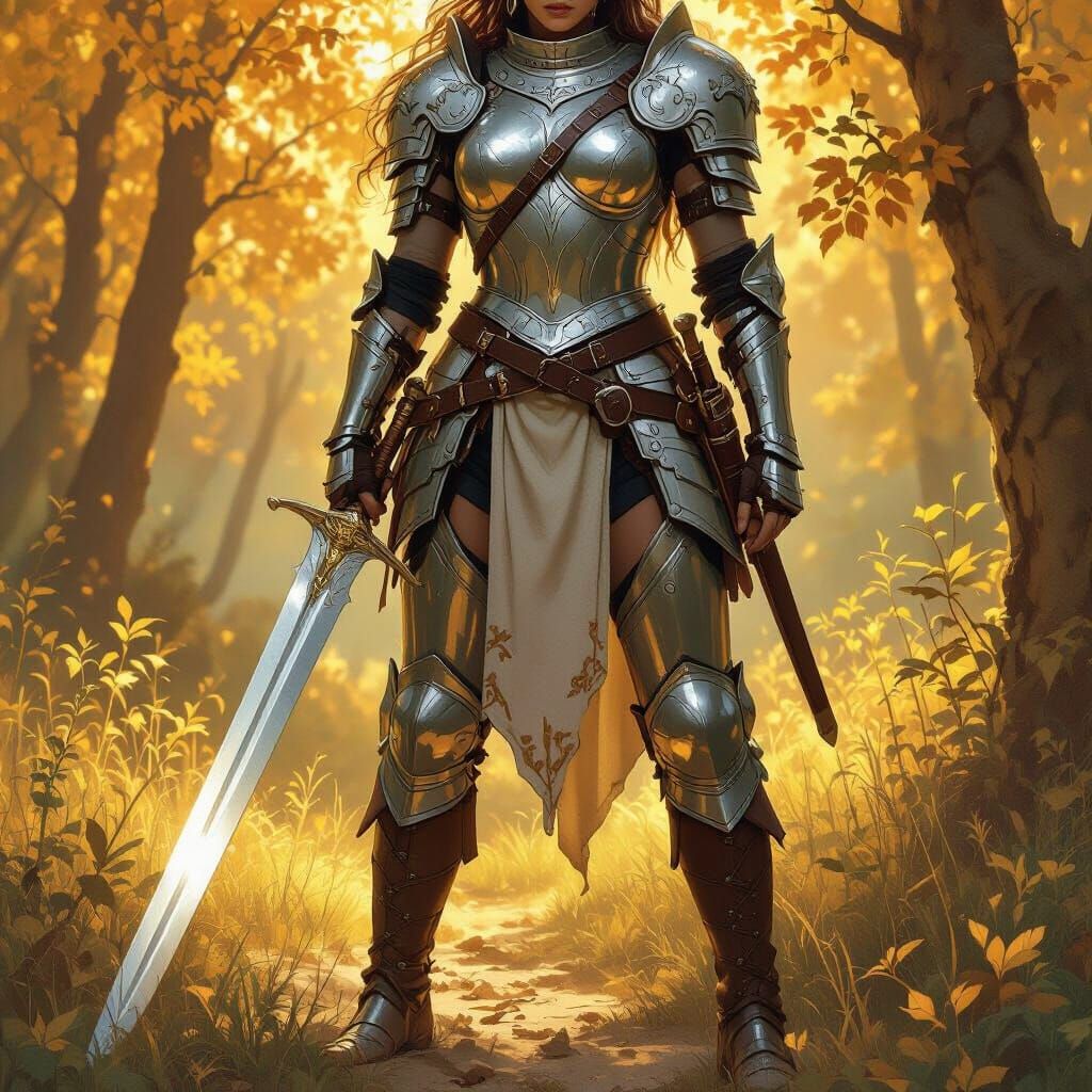 A human female fighter in polished silver armor with leather straps and a steel breastplate, a belt with pouches, armored boots, holding a s...