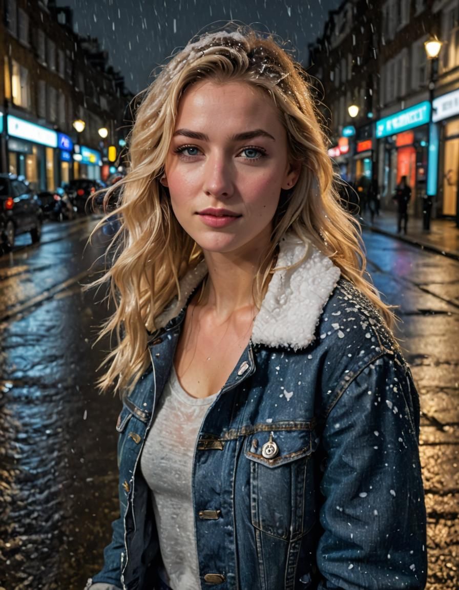 Snowy London Street at Night with Woman