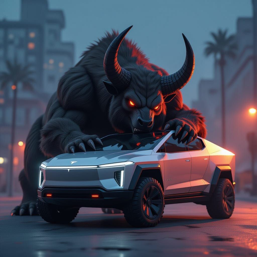 A giant horned beast is hugging a Tesla cybertruck, cinematic lighting, realistic