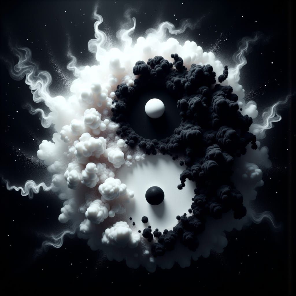 <lora:Morbid:1.0> A stunning, high-contrast black and white cosmic depiction of a yin-yang symbol. The symbol is formed from swirling, cloud...
