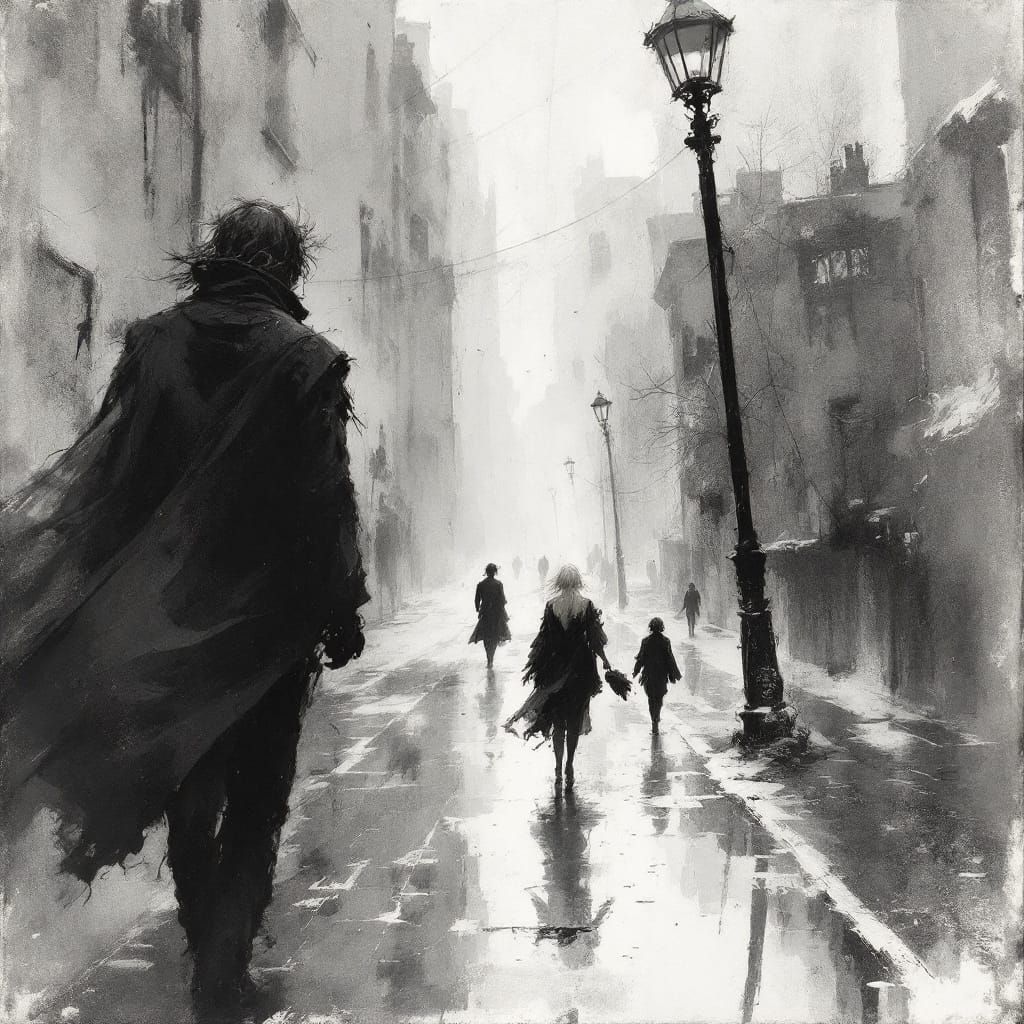 mist street holds her form / lace drifts soft by fading steps / shadows blur in rain
 - Start Image 2