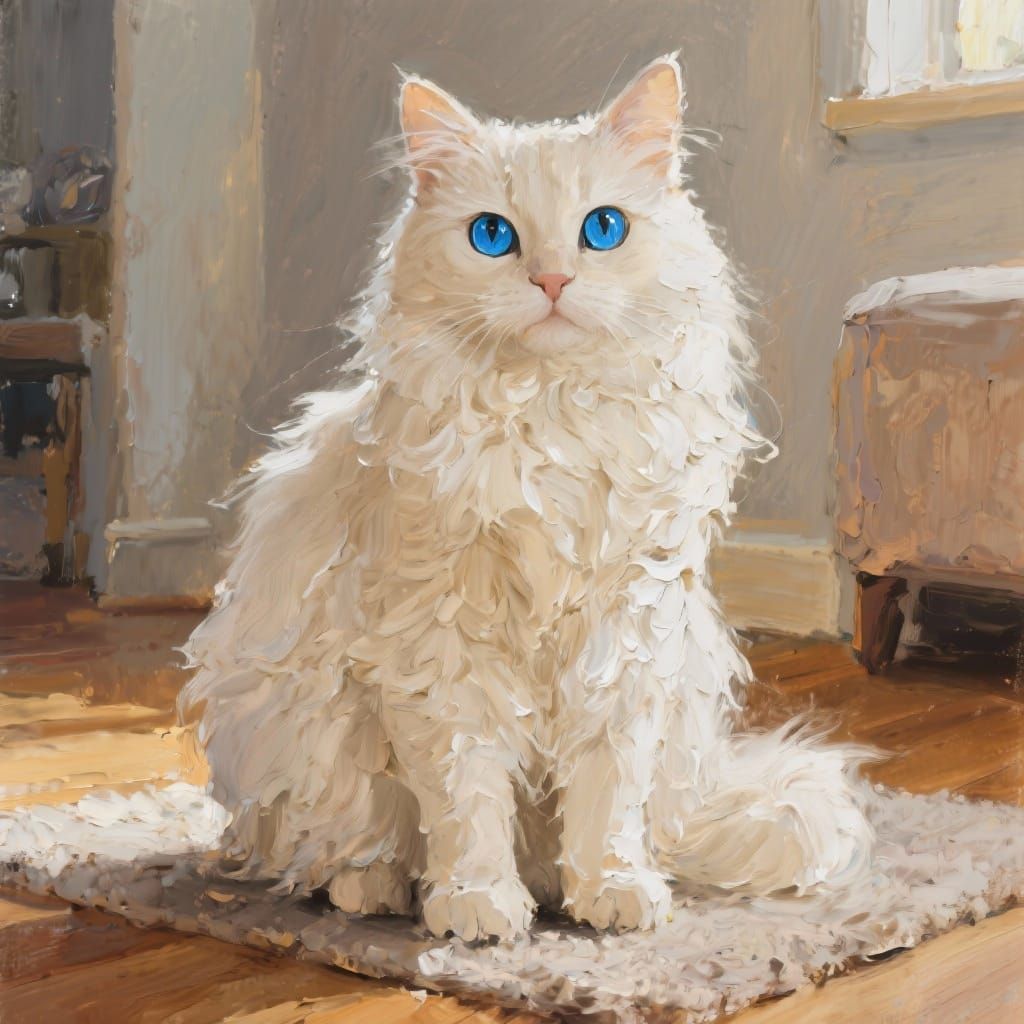 Cream Cat with Blue Eyes as Impasto Painting