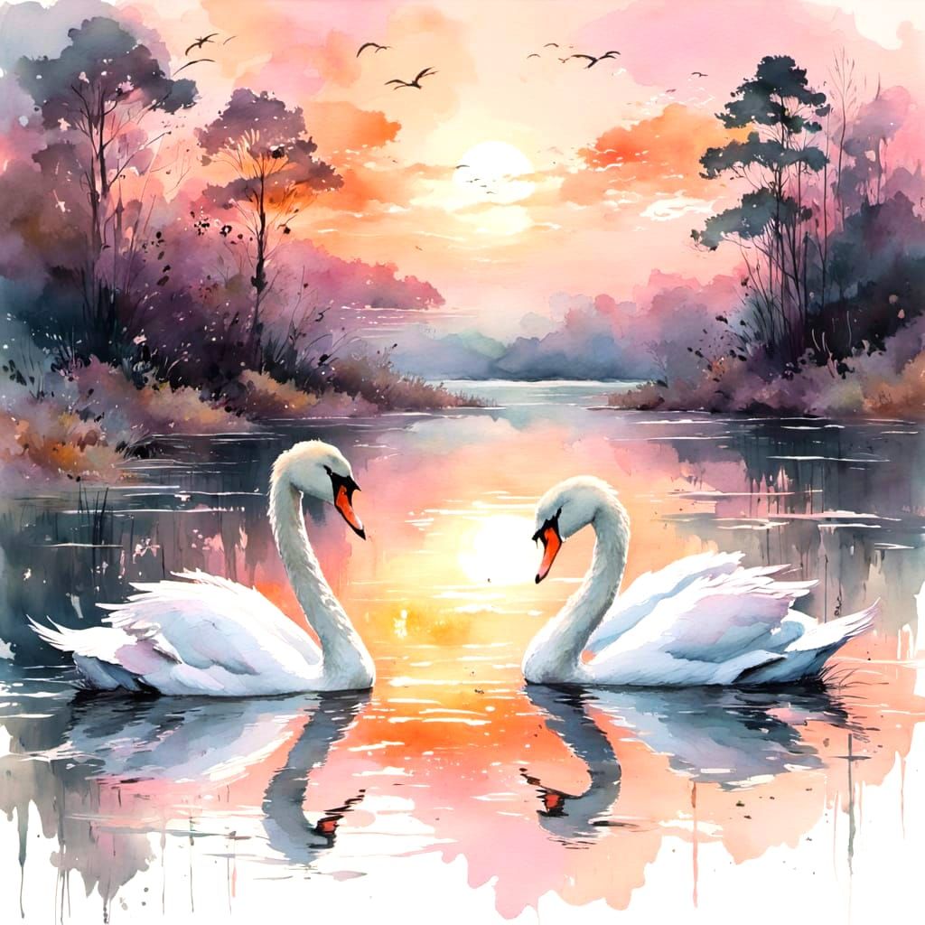 A pair of swans gliding across a calm lake at dawn