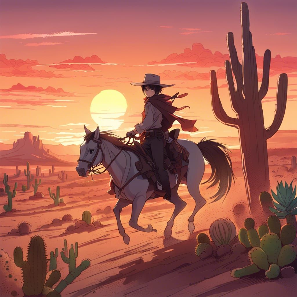 a cowboy on a horse, in a beautiful sunset desert with cacti, chasing a ...