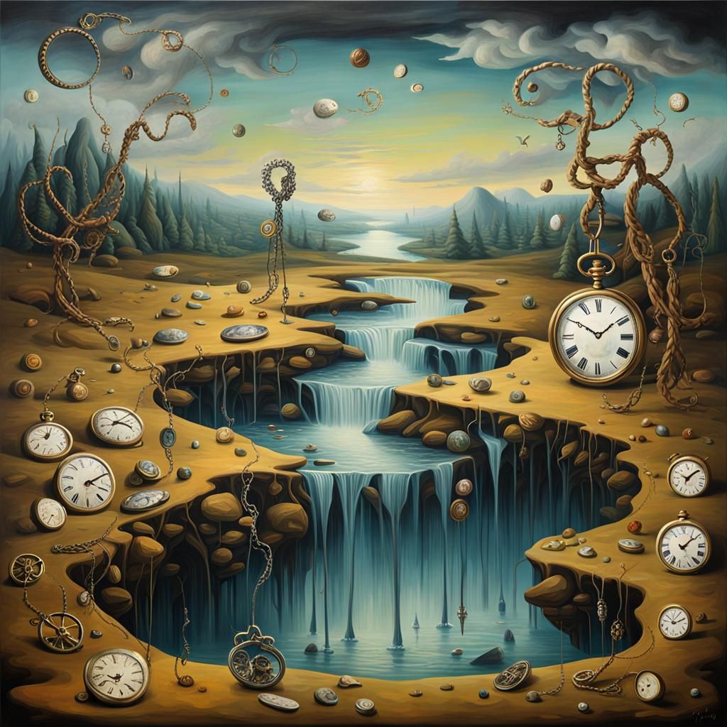 Surreal Melting Clocks in Dreamscape, Detailed Digital Art