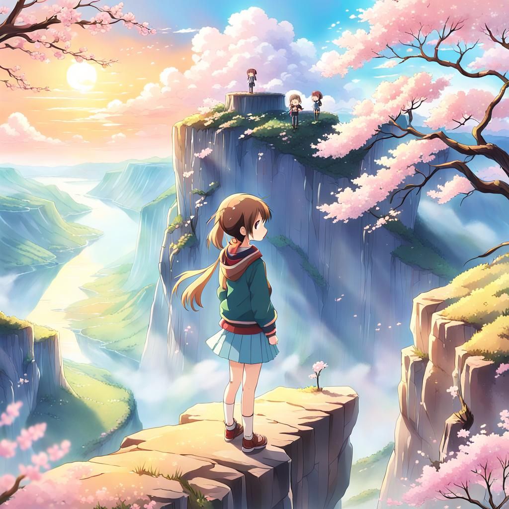 Anime Girl at Cliff Edge in Misty Landscape