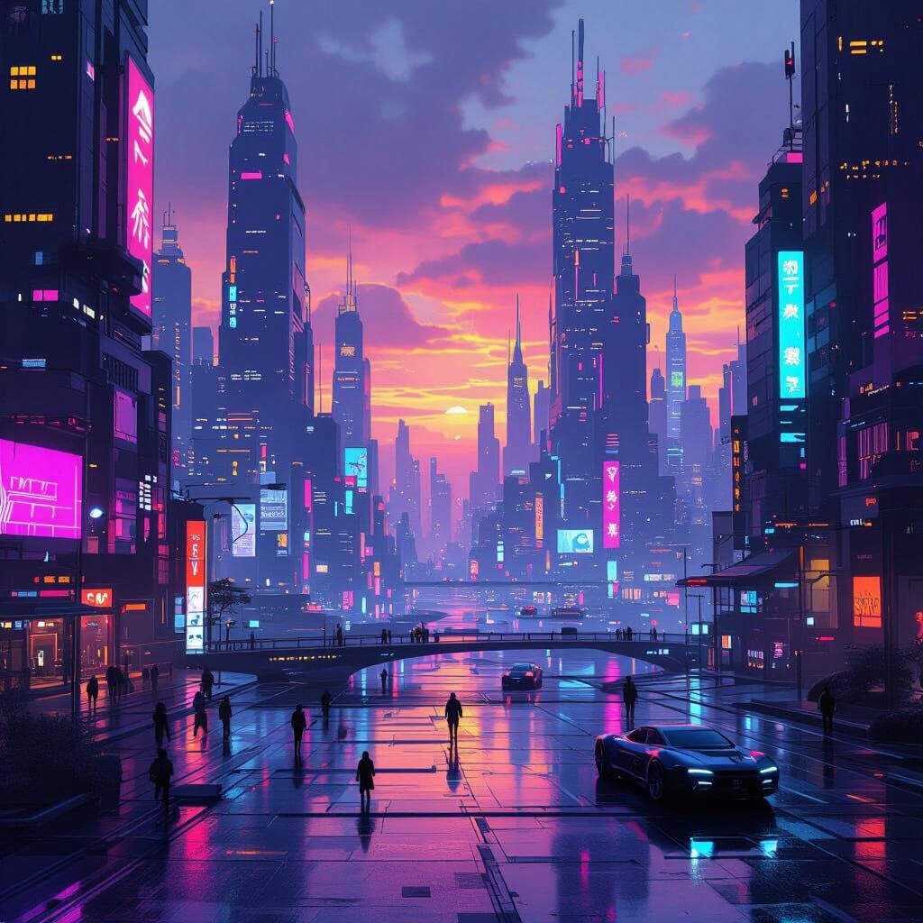 Dreamlike Futuristic Cityscape in Cyberpunk Style