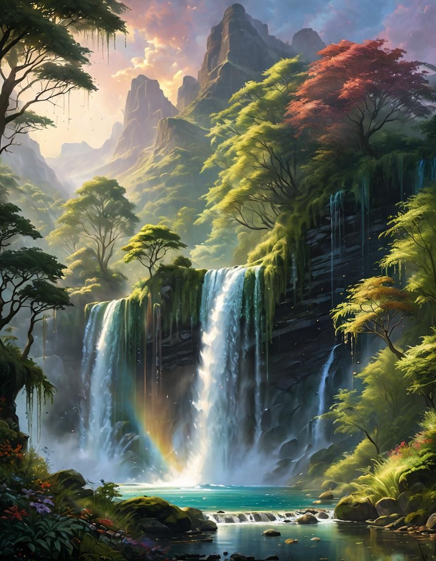 (with shimmering, iridescent light from scattered, crystal-like dew drops catching the light:1.5) Oil Painting, An ethereal waterfall cascad...