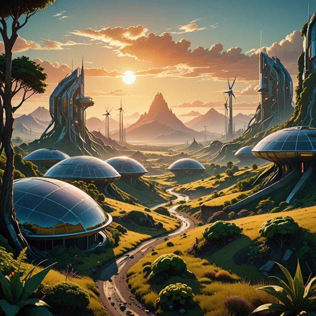A solarpunk settlement on a distant planet.  by @Shebali