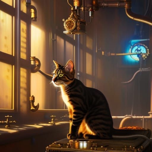 cat feeding machine steampunk engine oil painting by James G...