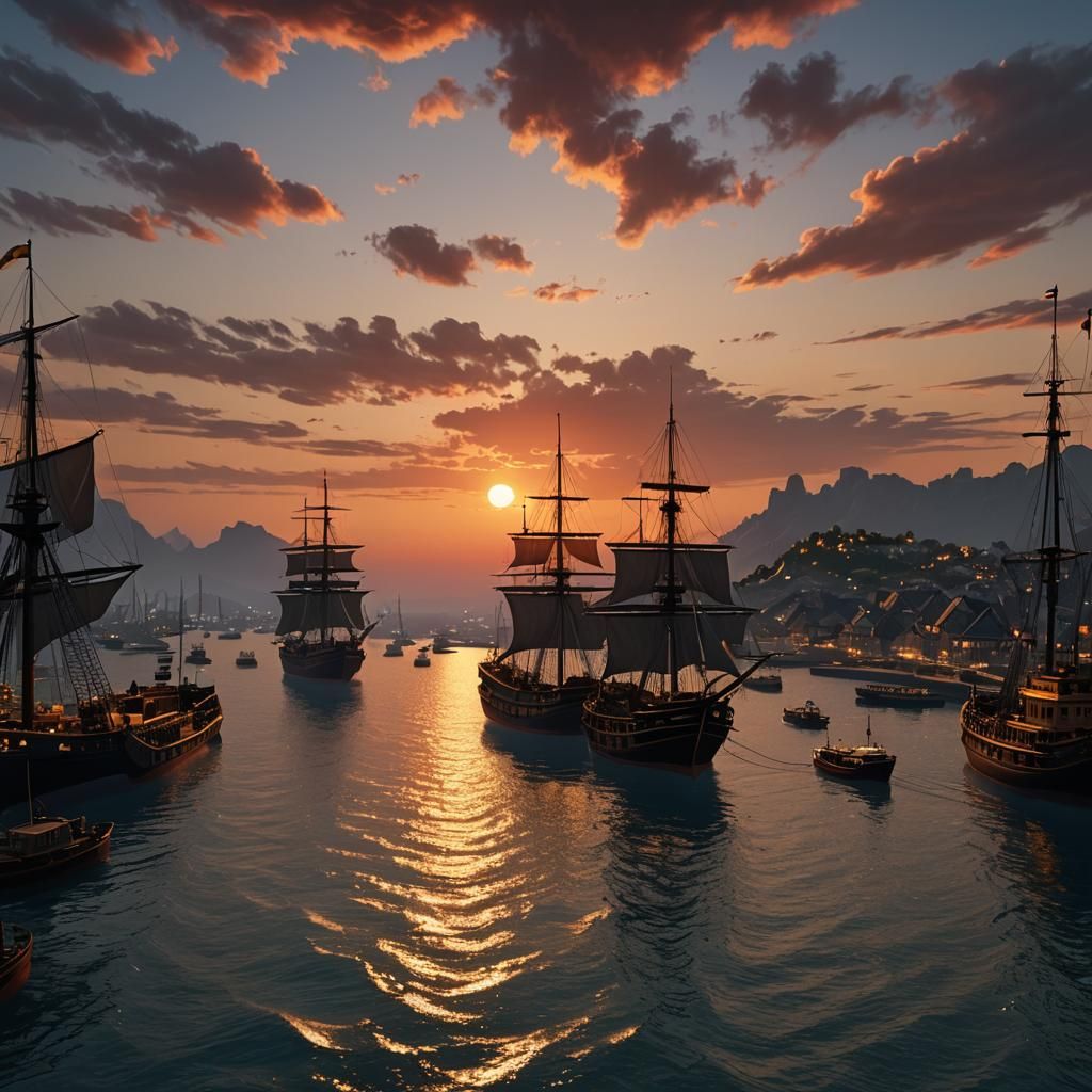 Beautiful sunset with ships approaching the harbour