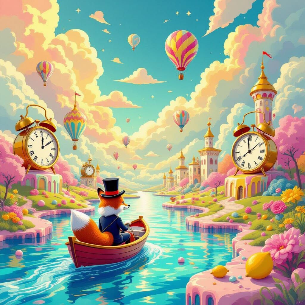 A vibrant, surreal dreamscape where candy-colored clouds drift over a landscape of melting clocks and floating islands. A whimsical, anthrop...
