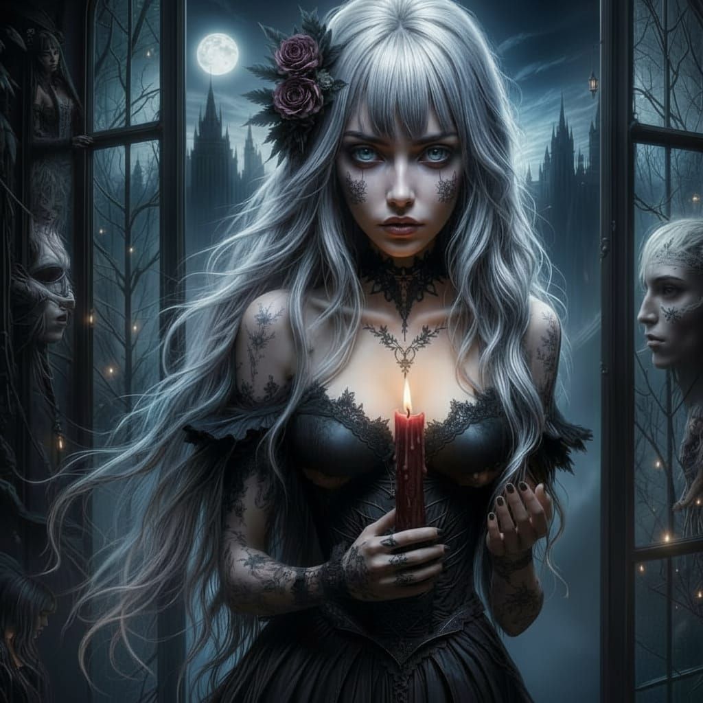 <lora:TexturedFlux:1.0> <lora:-Omnious-:1.0> A gothic anime-style girl with long, wavy silver hair and bangs, adorned with a flower on the r...