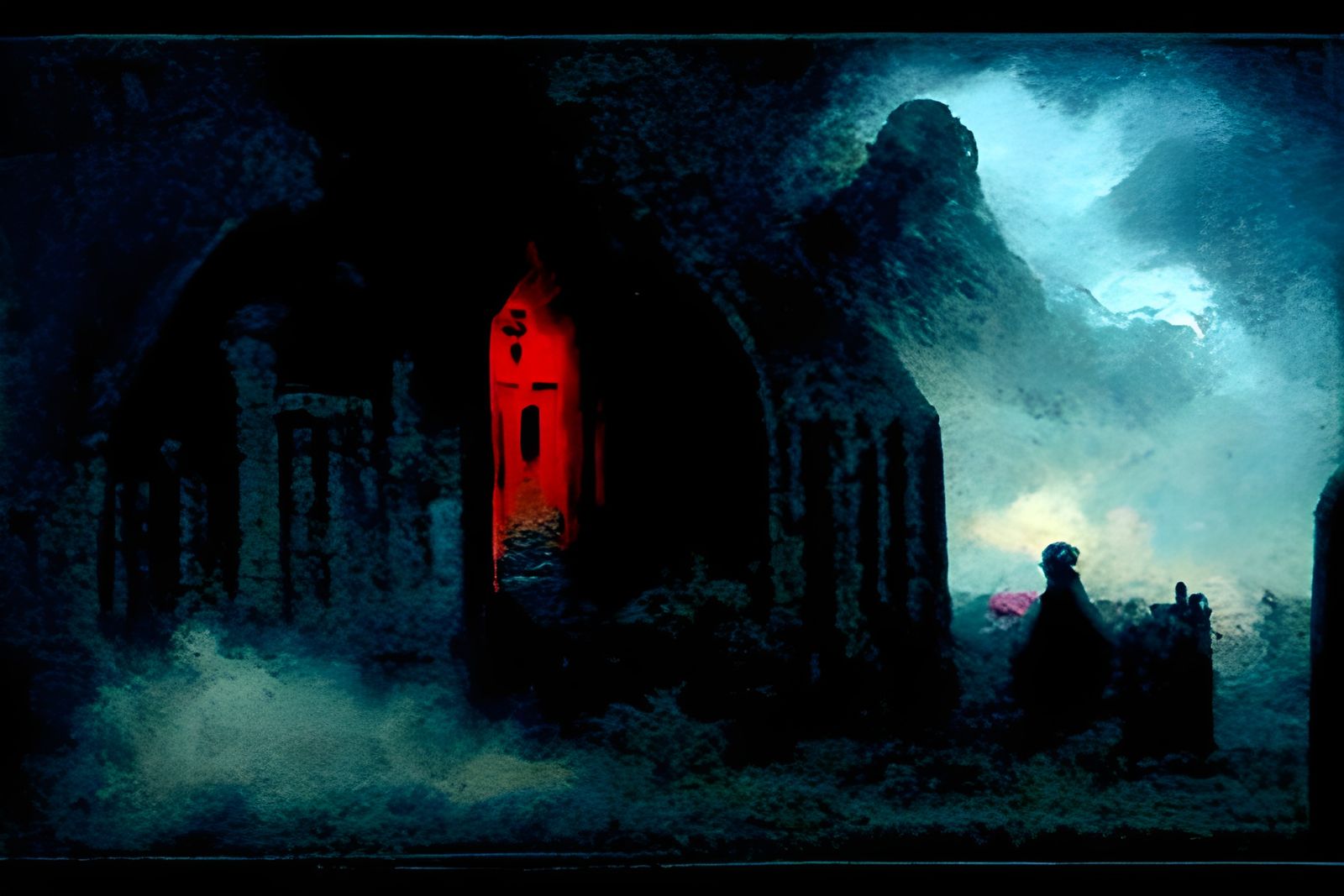 Dark haunted castle with a red door