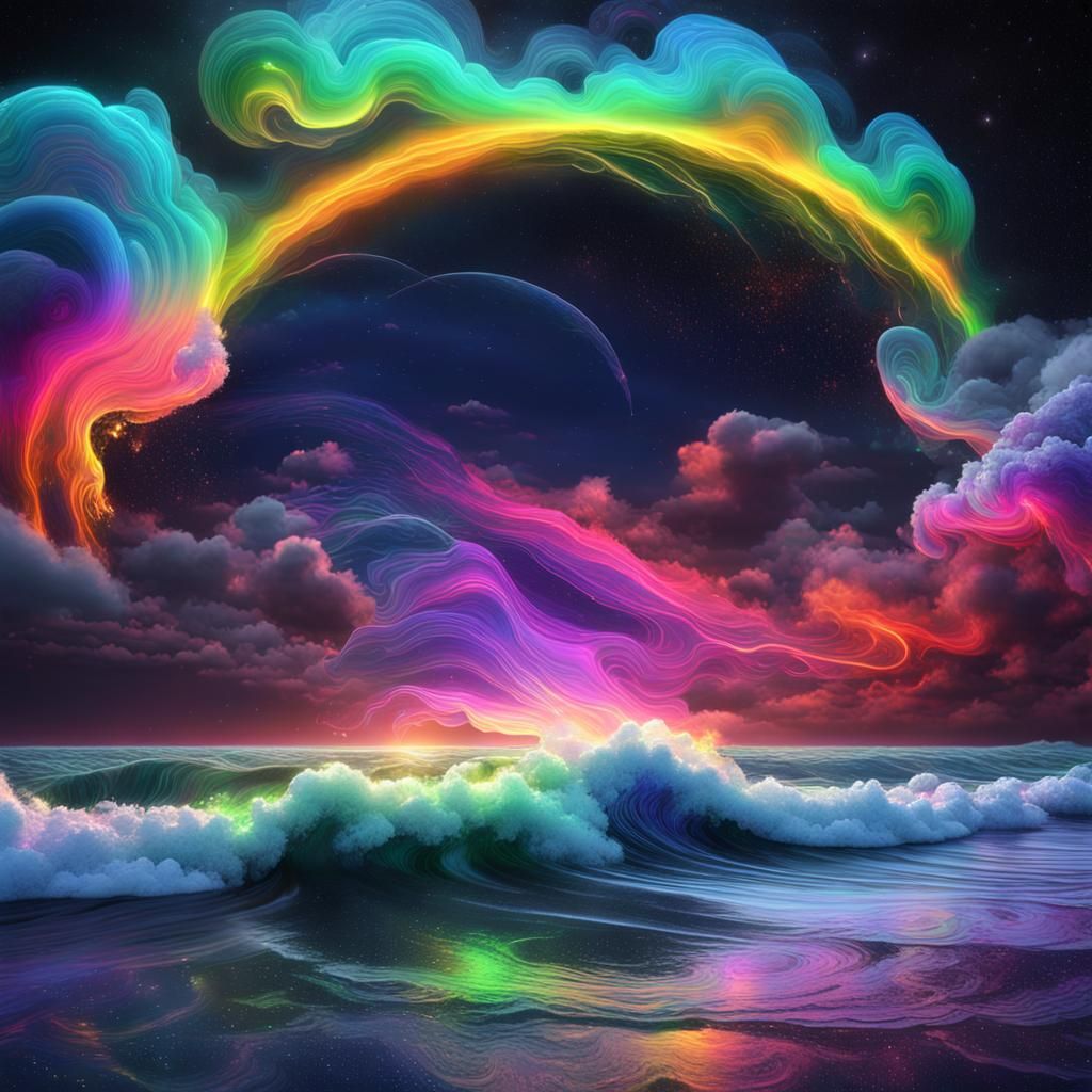 black night sky with vibrant neon multicolor aurora nebula c...