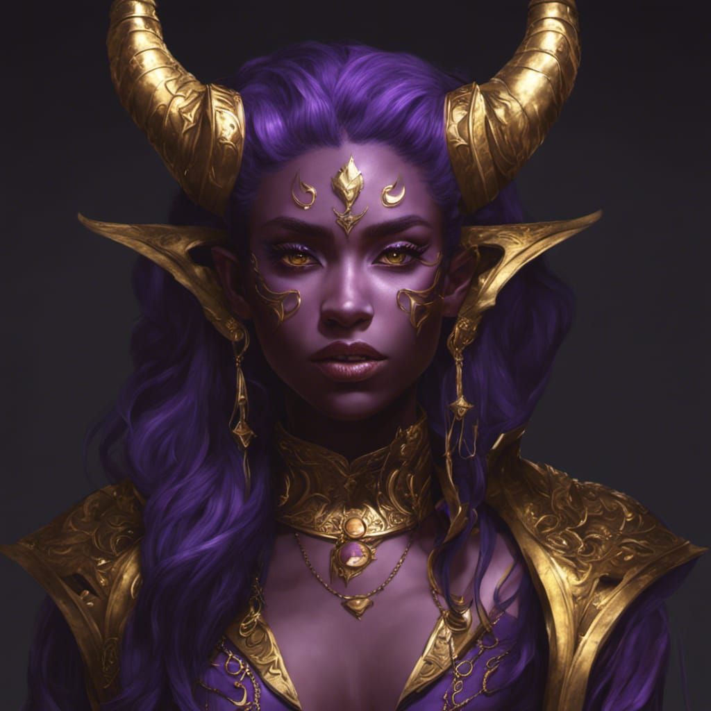 Female Purple Tiefling with gold accents 