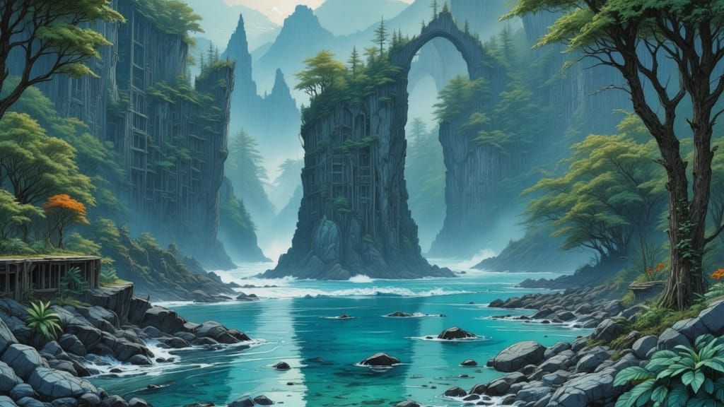 Tidal-woven ruins glow with drifting seafoam light. <lora:Nostalgic IosC64 II:1.0> <lora:Fog Beneath the Brew:1.0>