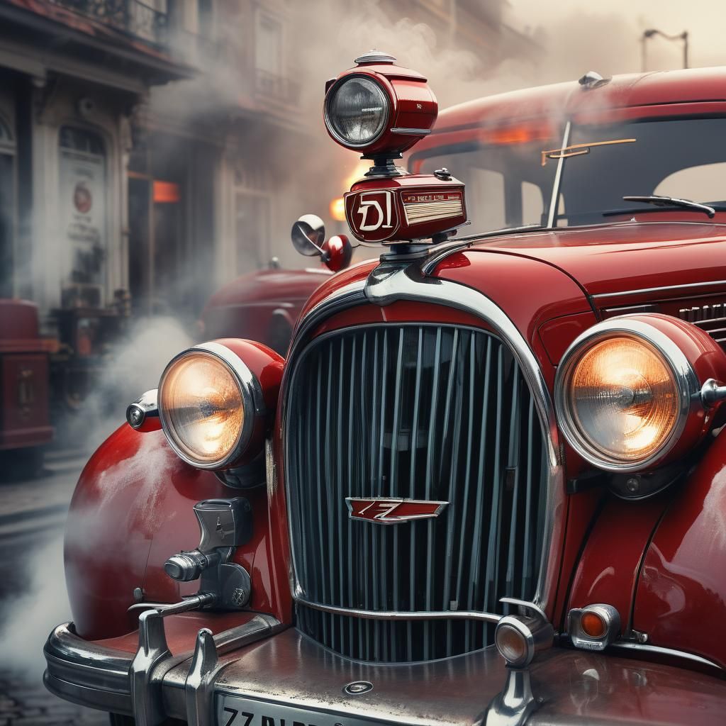 a close up of the front of a vintage  red car, andrey gordee...