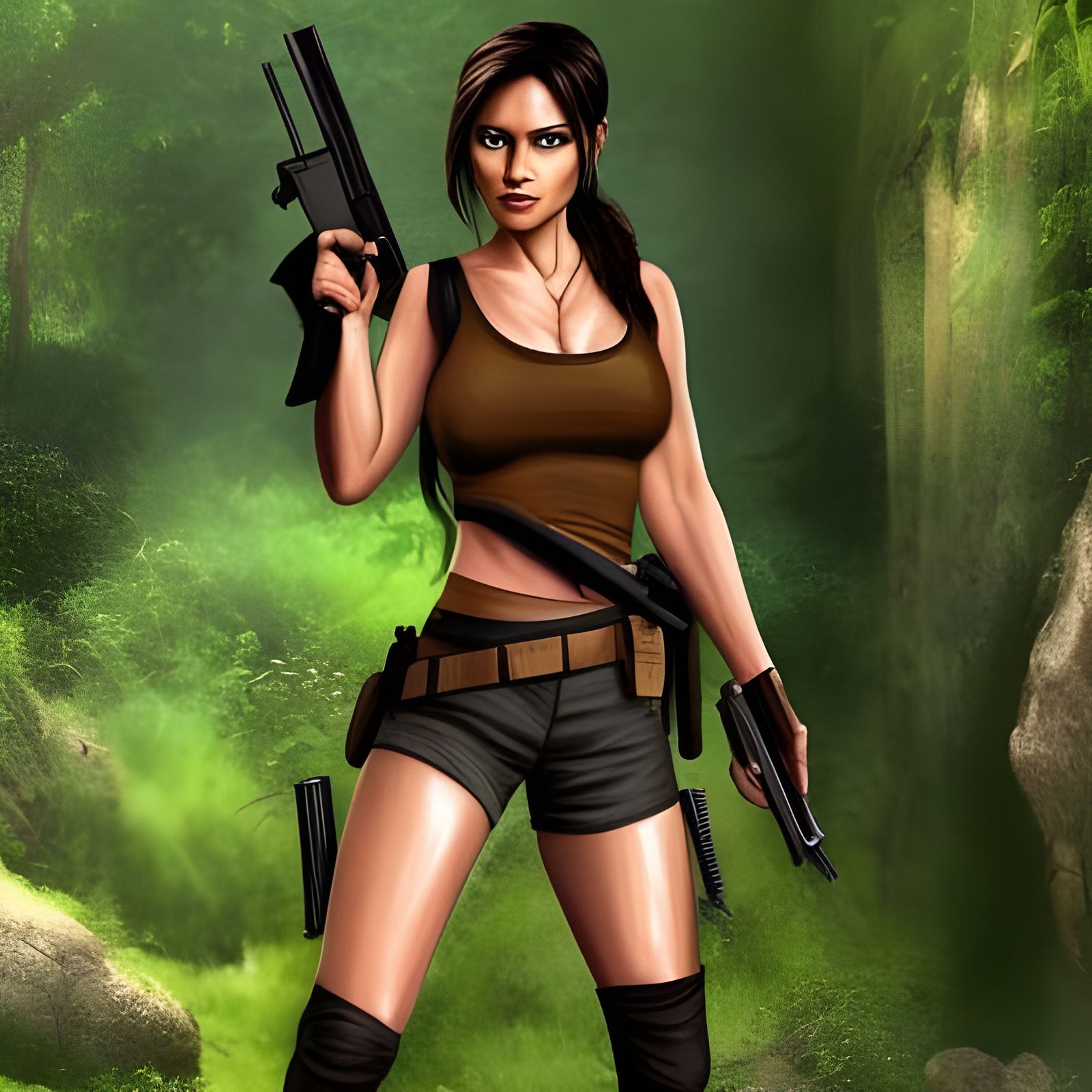 Beautiful Lara Croft Holding Two Guns Standing In The Jungle Realistic Ai Generated Artwork 9266