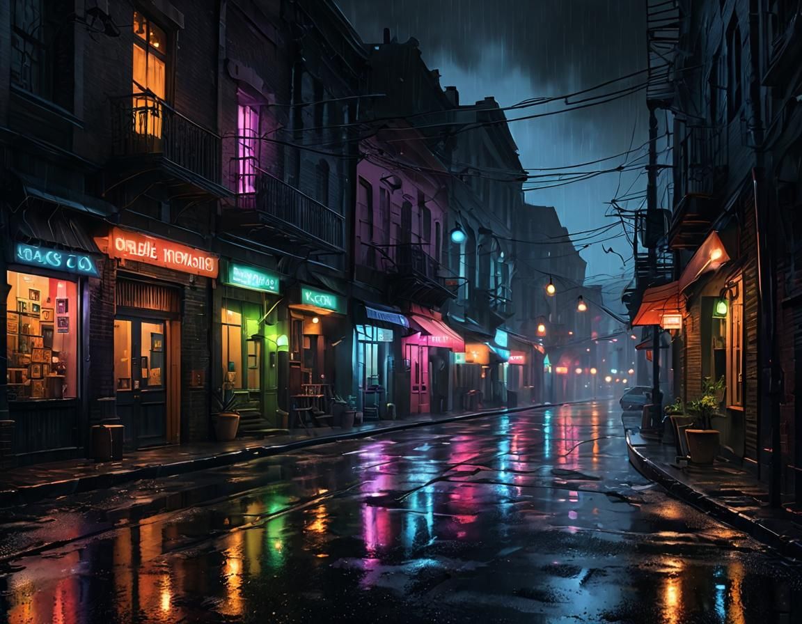 Rainy street alleys in eerie shadowy night, with cozy colorf...