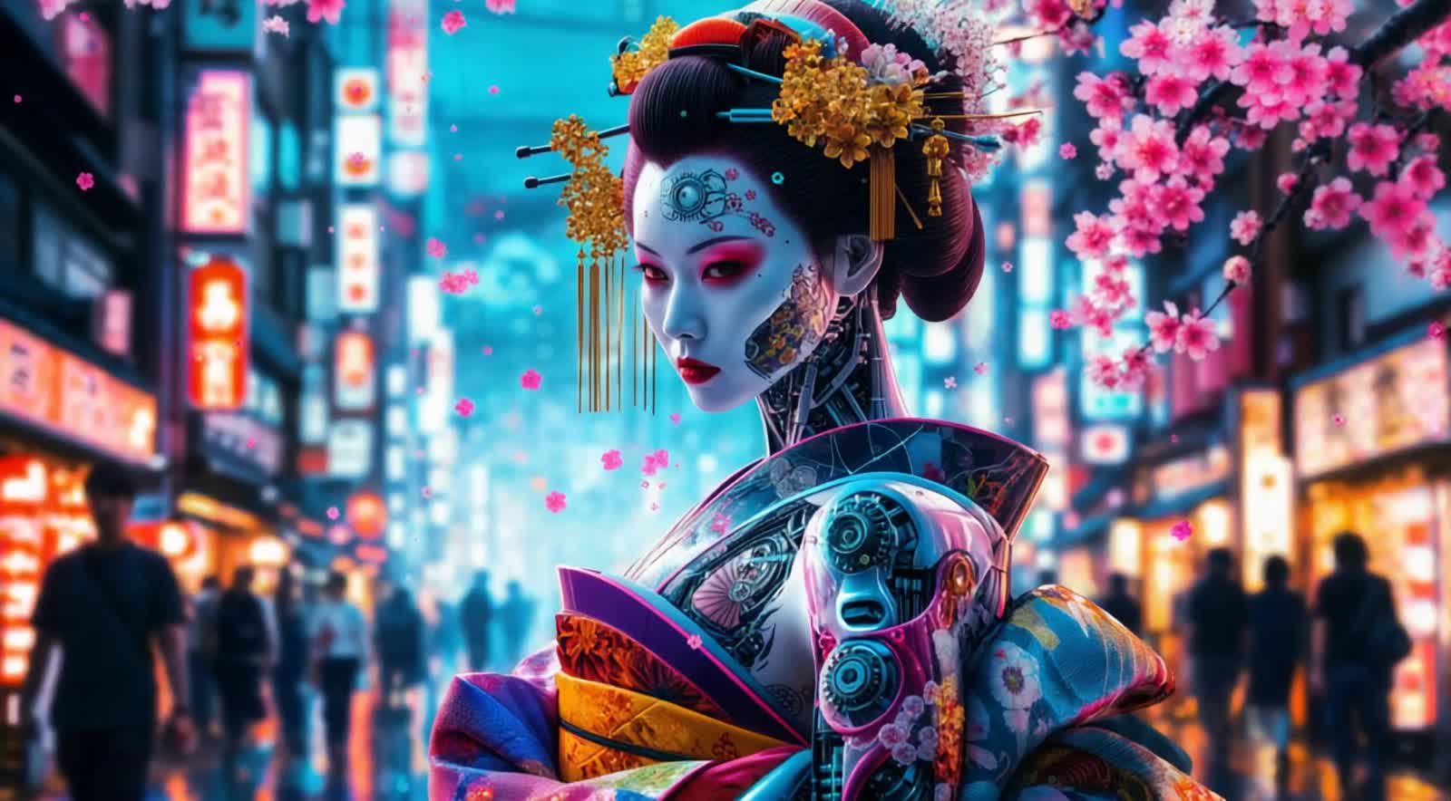 A cyborg geisha, adorned with intricate mechanical tattoos and vibrant neon kimonos, gracefully navigates the bustling s...