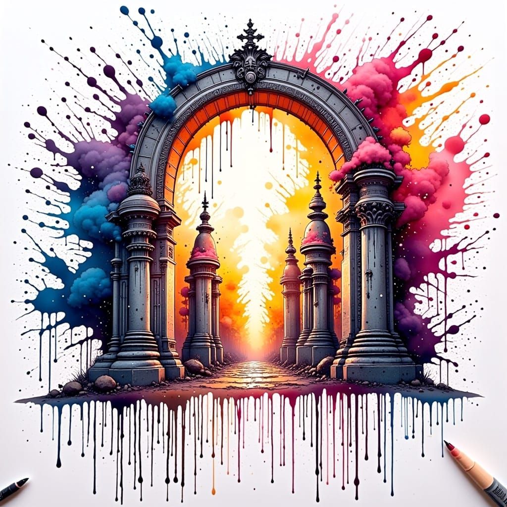 colorful ink splatter drawing of heaven's gates. in the style of <lora:Unreal InkArchive Fx:1.0> 