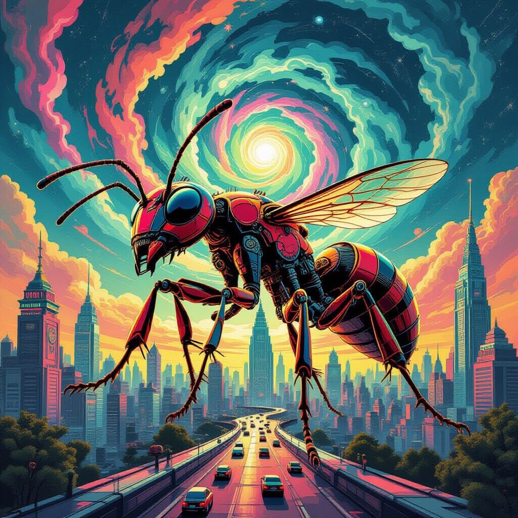 A surreal sculpture of a giant, clockwork ant, intricately detailed with gears and springs, emerging from a vibrant, retro-futuristic citysc...
